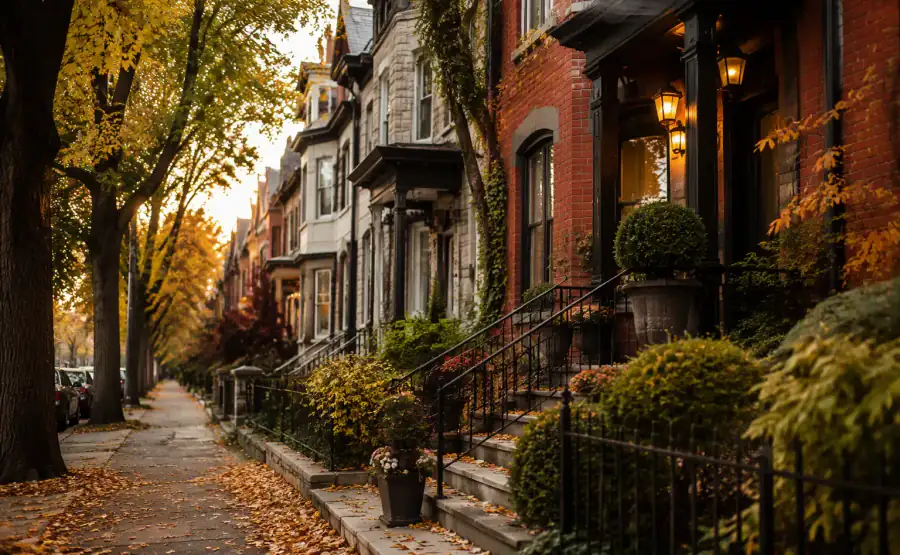 Centretown heritage street with trees and warm porch lights