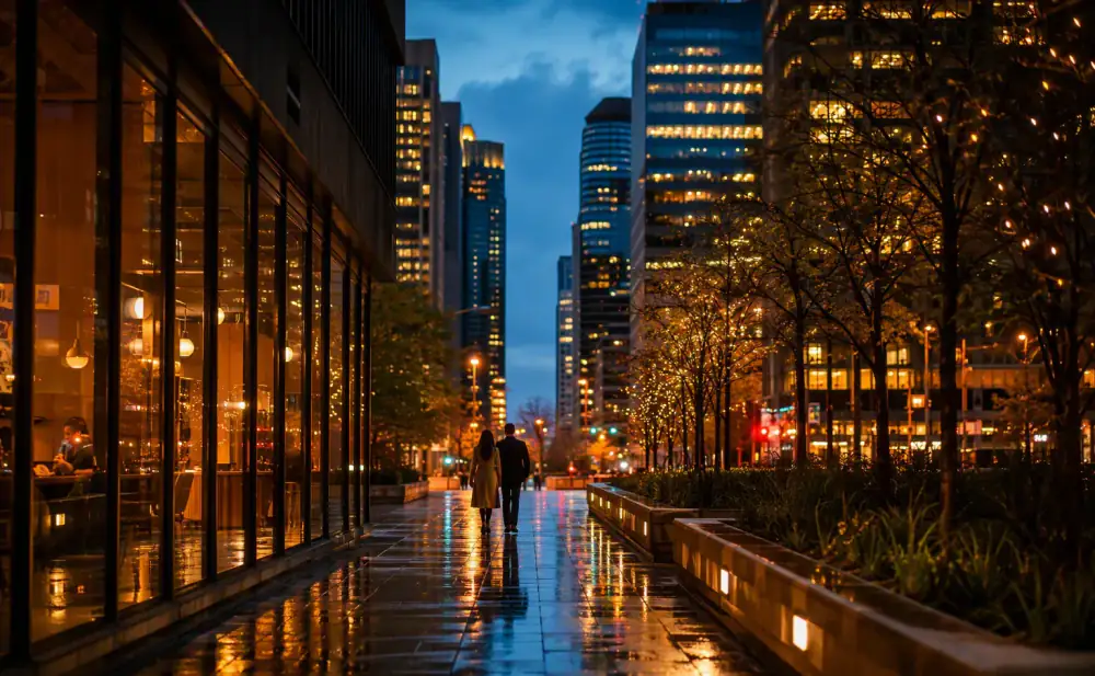 Downtown Ottawa at blue hour with warm lights reflecting on the street