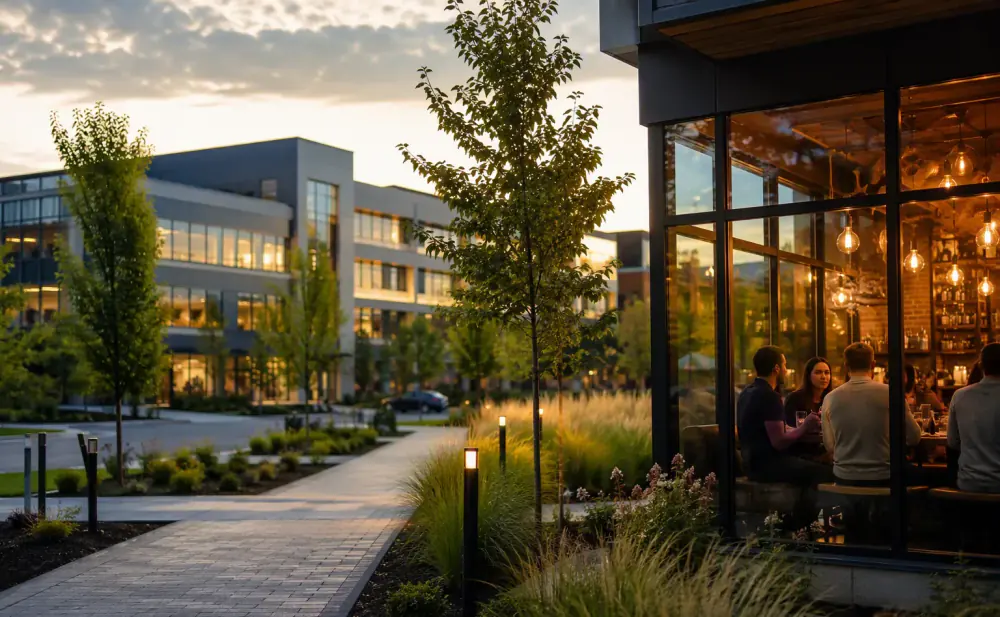 Modern Kanata streetscape with a cafe at dusk