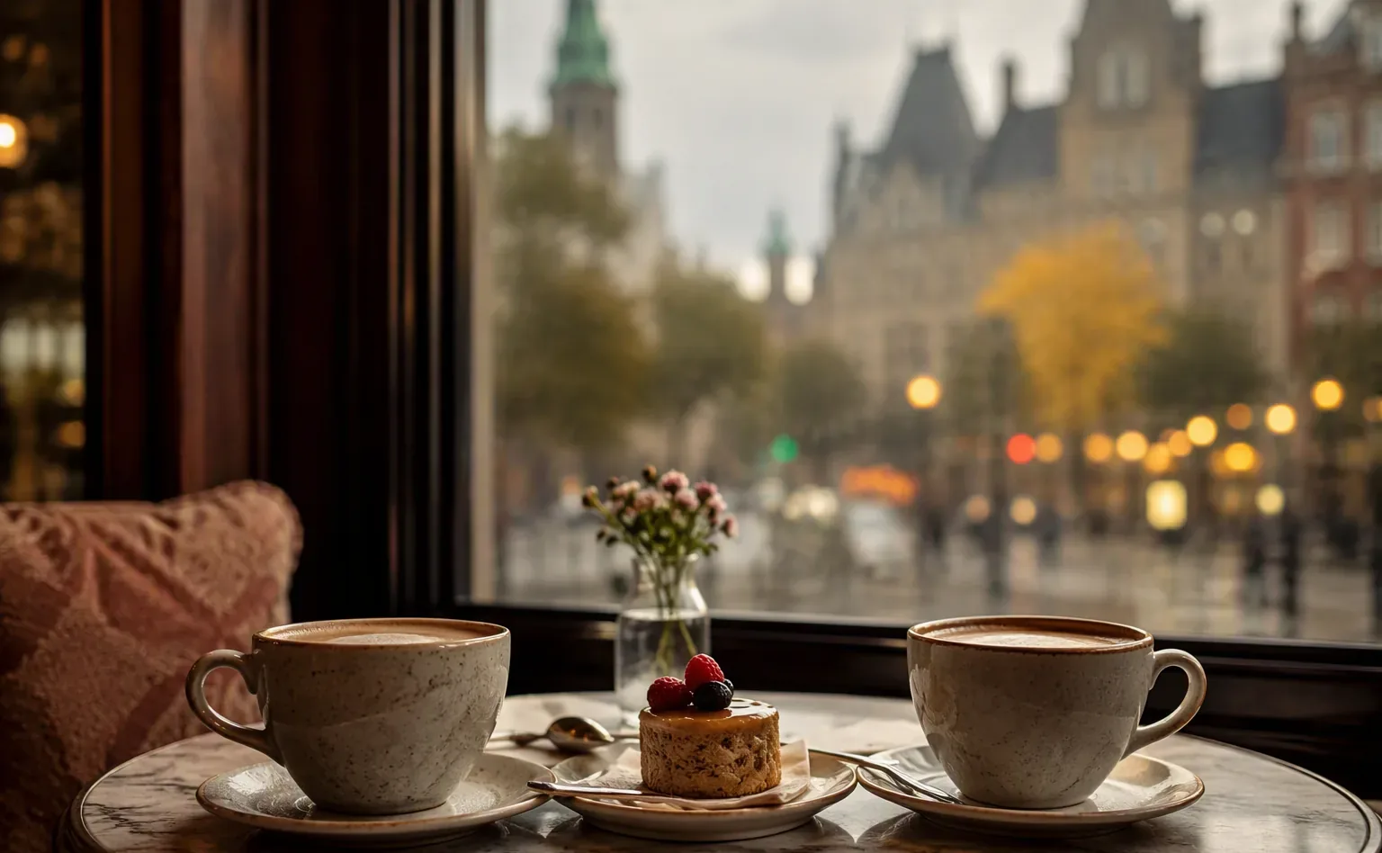Two coffees and a shared dessert on a marble cafe table in warm window light