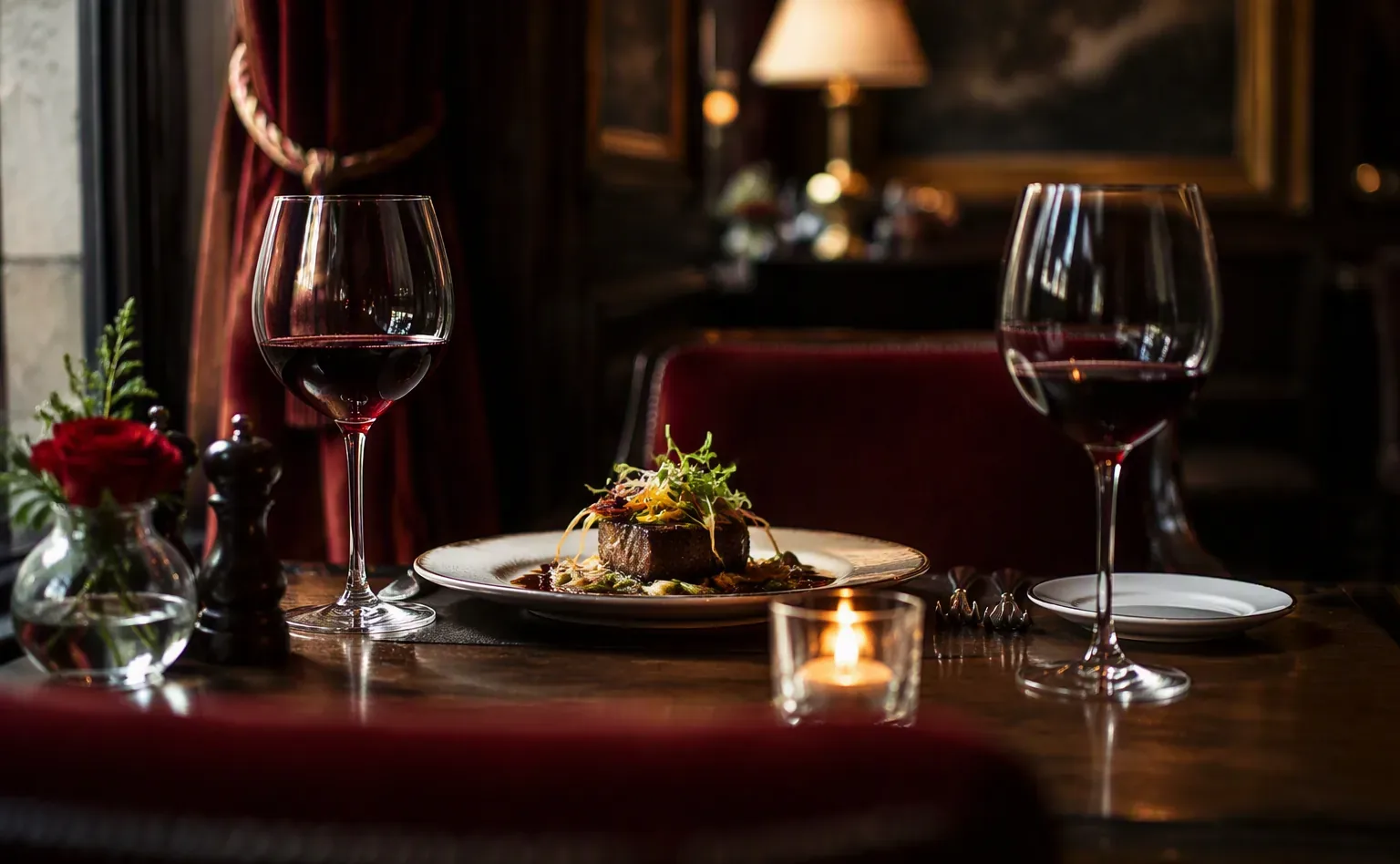 Elegant candlelit dinner table for two with red wine