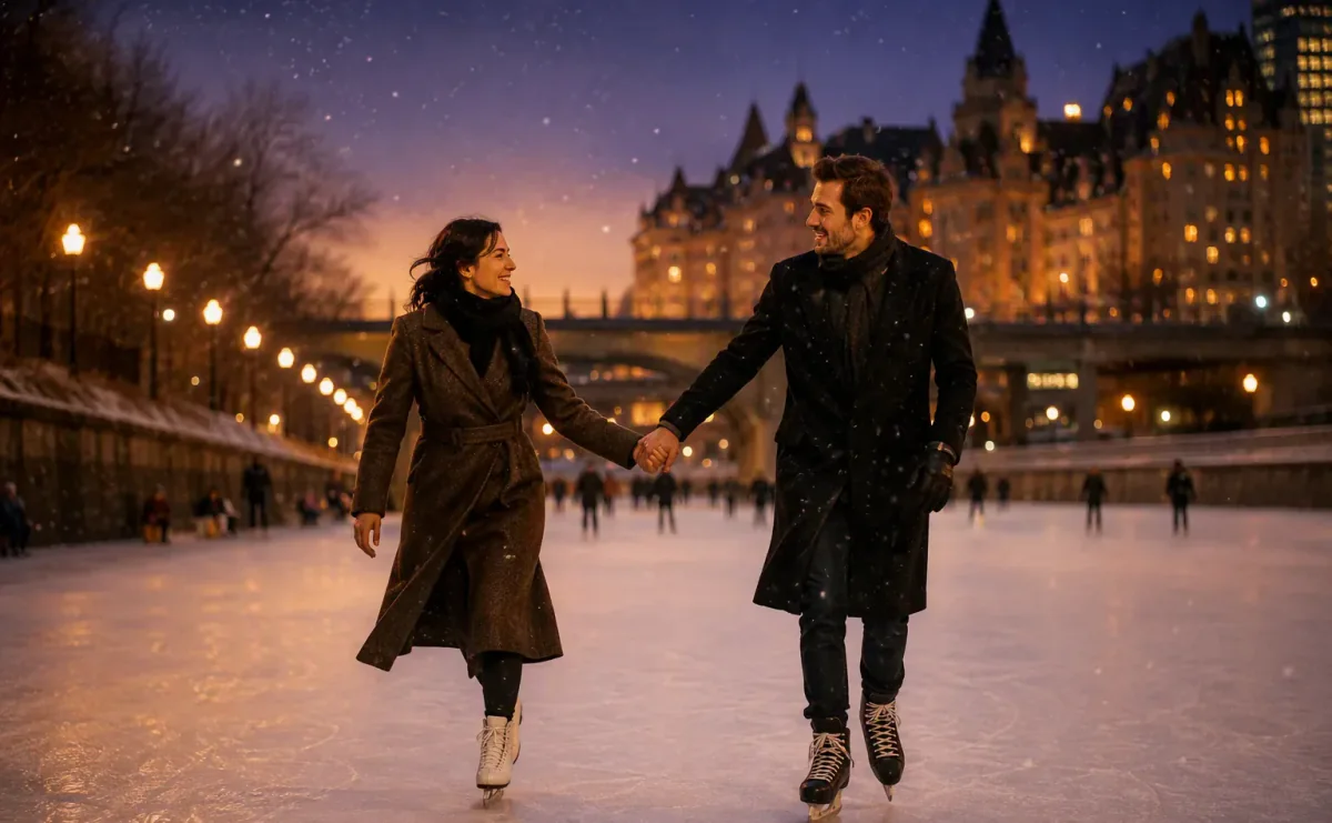Couple skating together on the Rideau Canal skateway at twilight