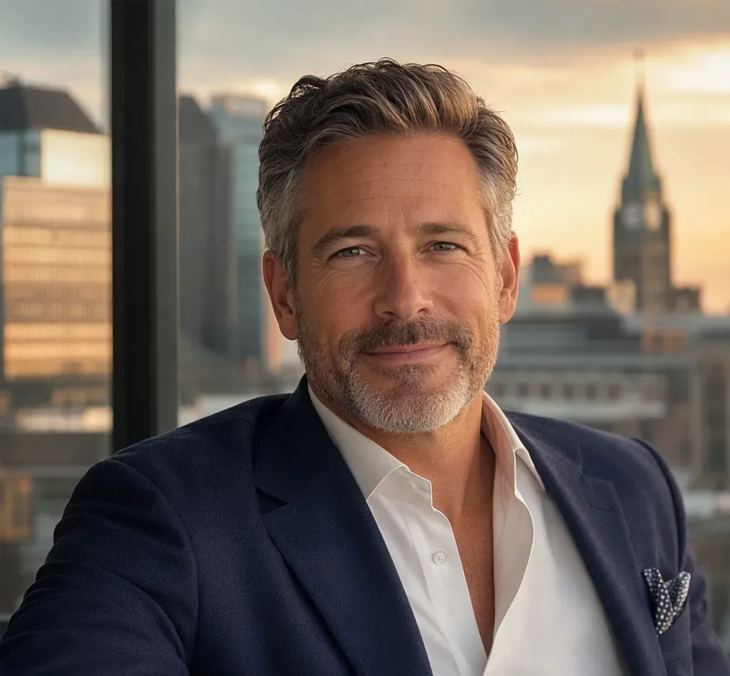 Sample sugar daddy profile portrait of Marc in a navy blazer