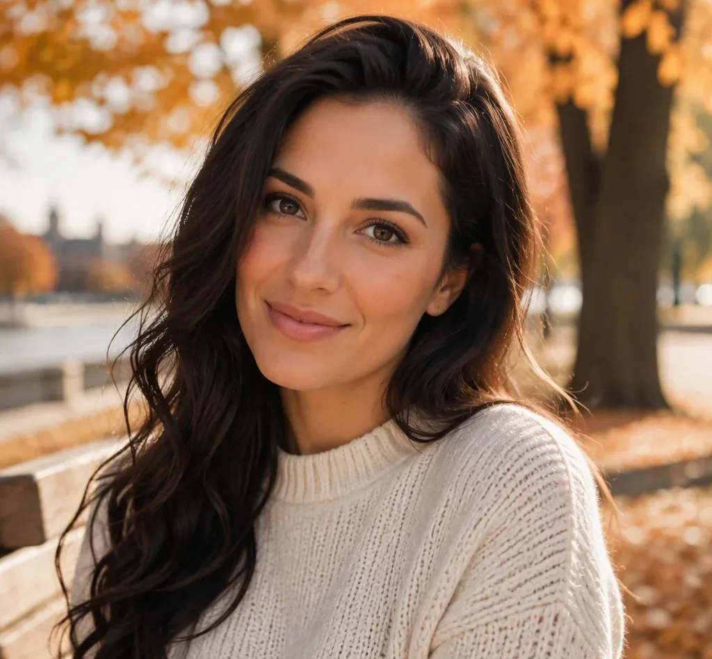 Sample sugar baby profile portrait of Sofia in a cream sweater in autumn light