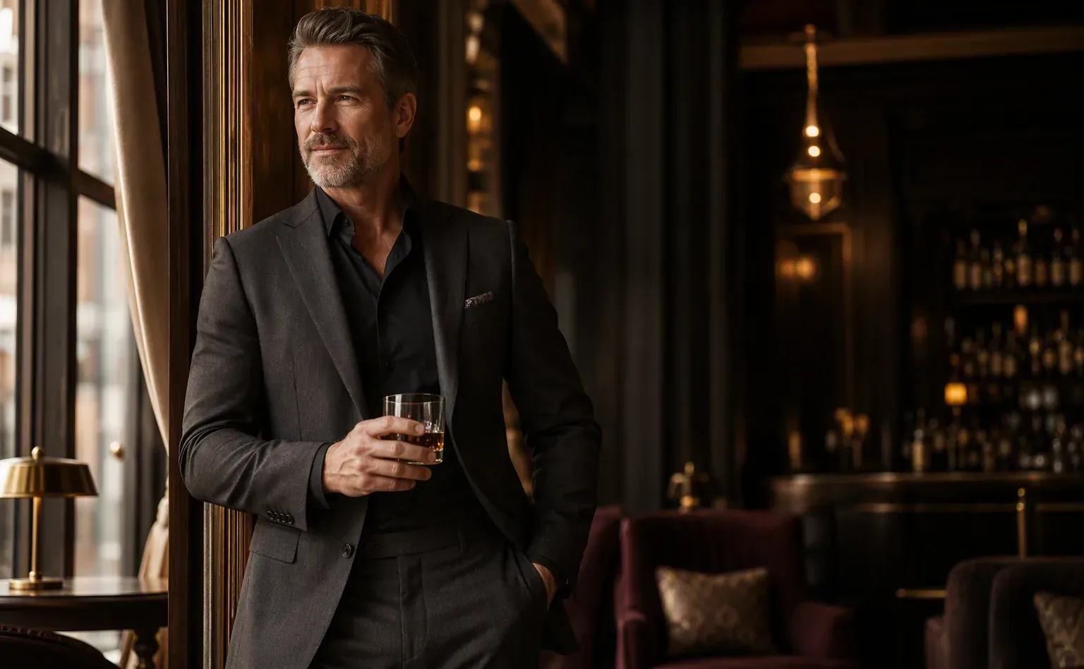 Successful Ottawa professional in a charcoal suit enjoying a quiet moment in a luxury hotel lounge