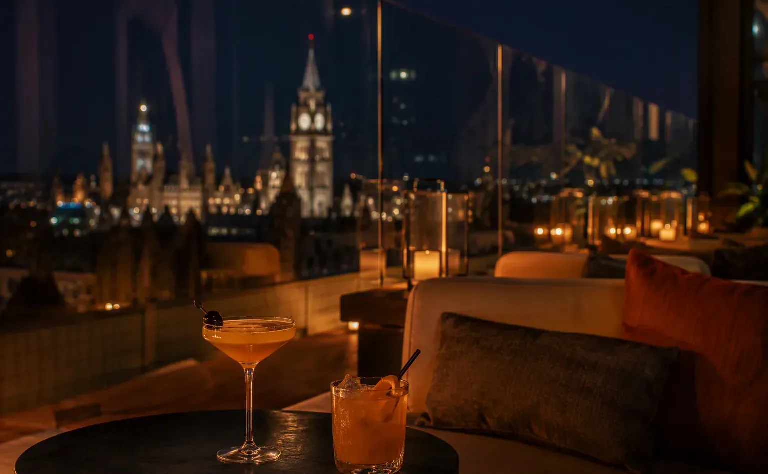 Sophisticated hotel lounge in the evening with warm lighting